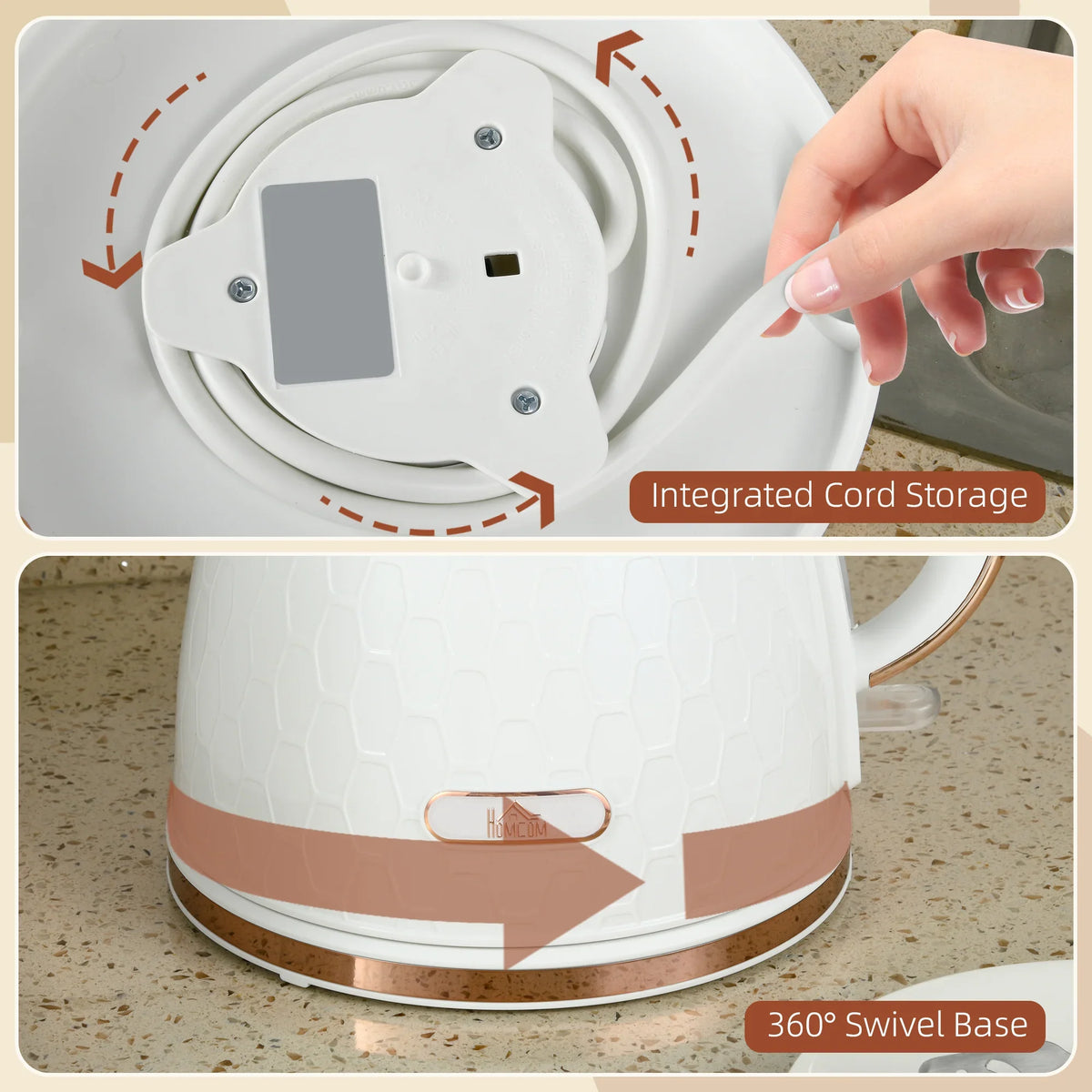 Cream electric kettle with cord storage underside and 360° swivel base