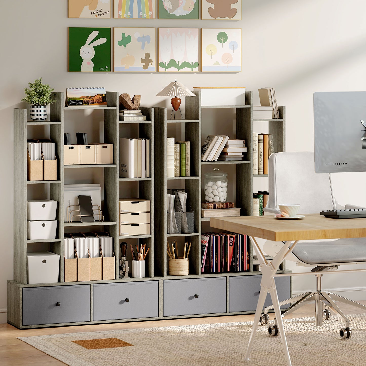 HOMCOM 12 Shelf Storage Unit With Drawers Graphite Wood Effect Anti Tip Kit For Stable Family Safe Home Organization