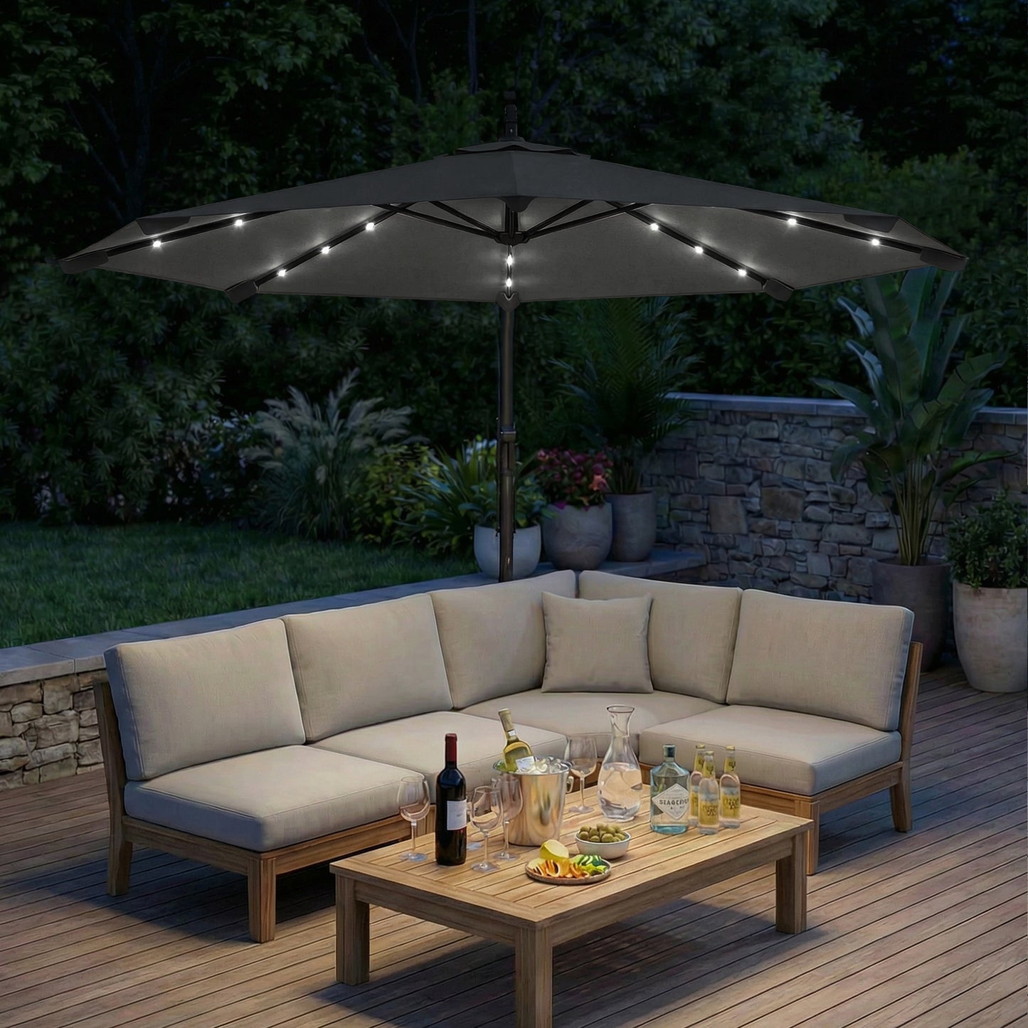 Outsunny 3 Meter Cantilever Parasol With Solar LED Lights Garden Umbrella Cross Base Black