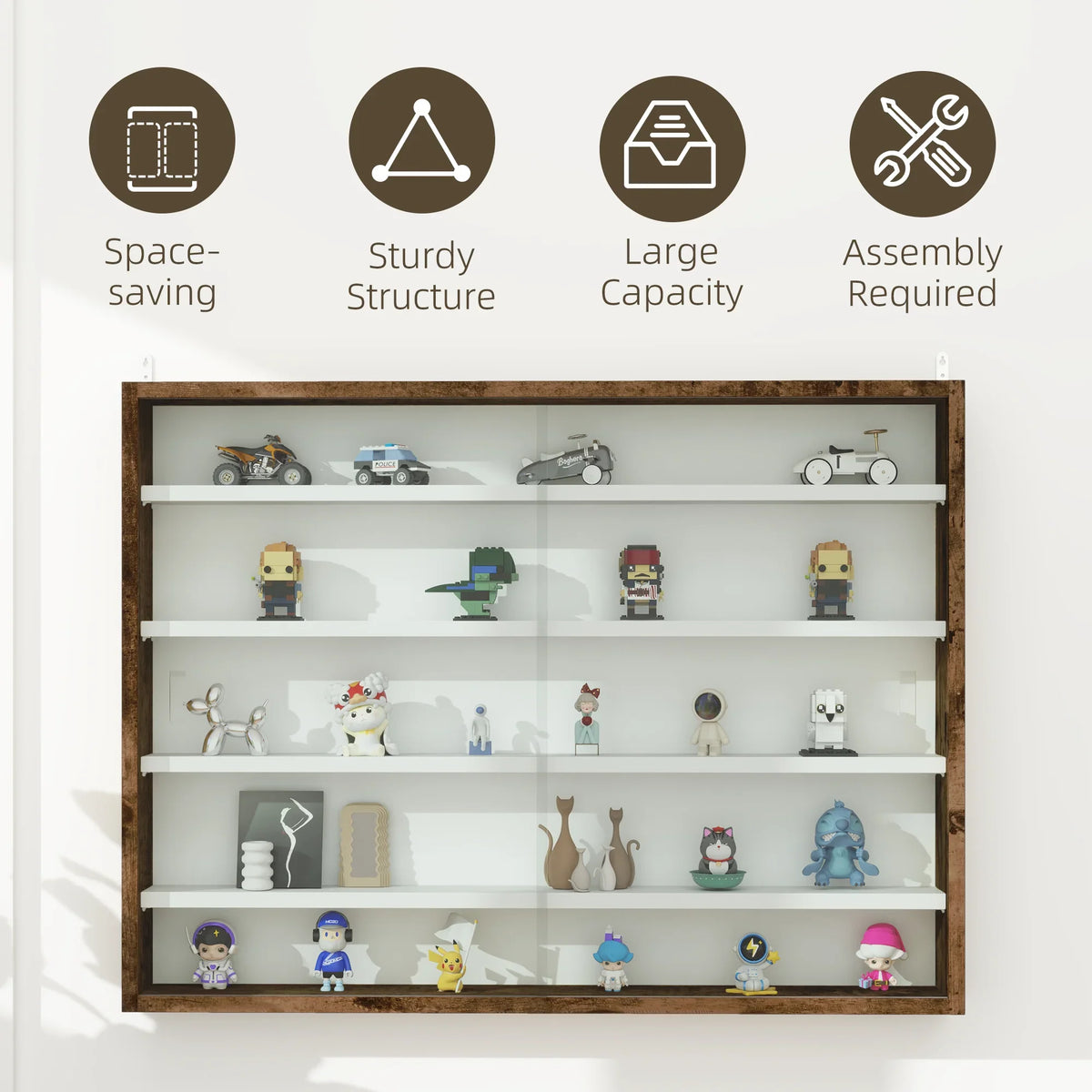 Wall display cabinet with glass doors, rustic brown frame, and open collectible shelving