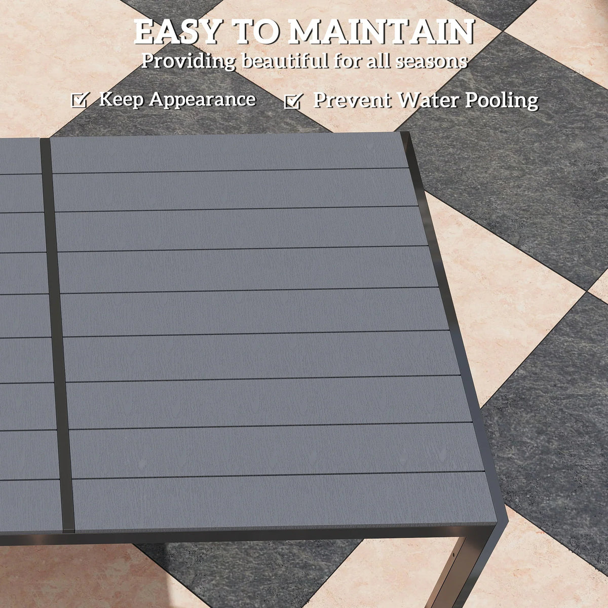 Close-up of dark gray stackable chair back with horizontal slats on outdoor tile