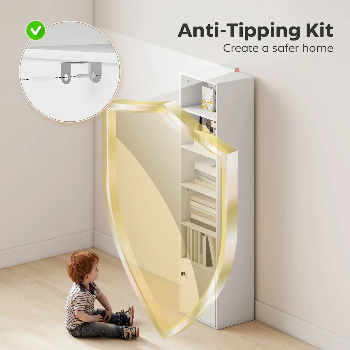 White bookcase with open door showing adjustable shelves and anti-tip kit