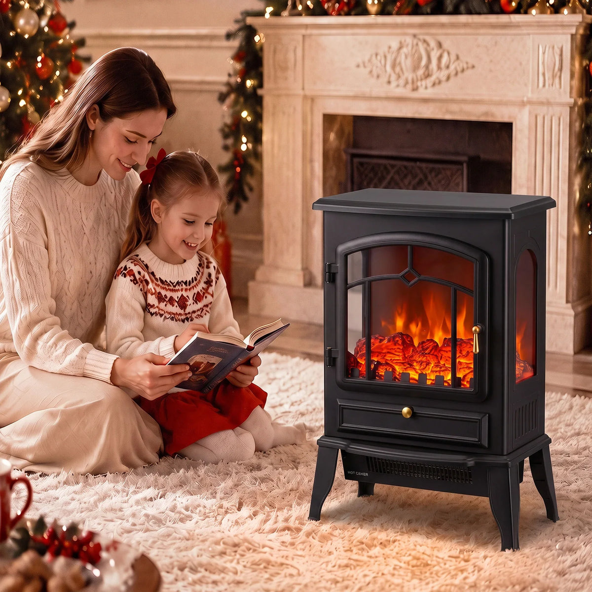 Electric fireplace heater with dark gray body and glowing flame window on stand legs