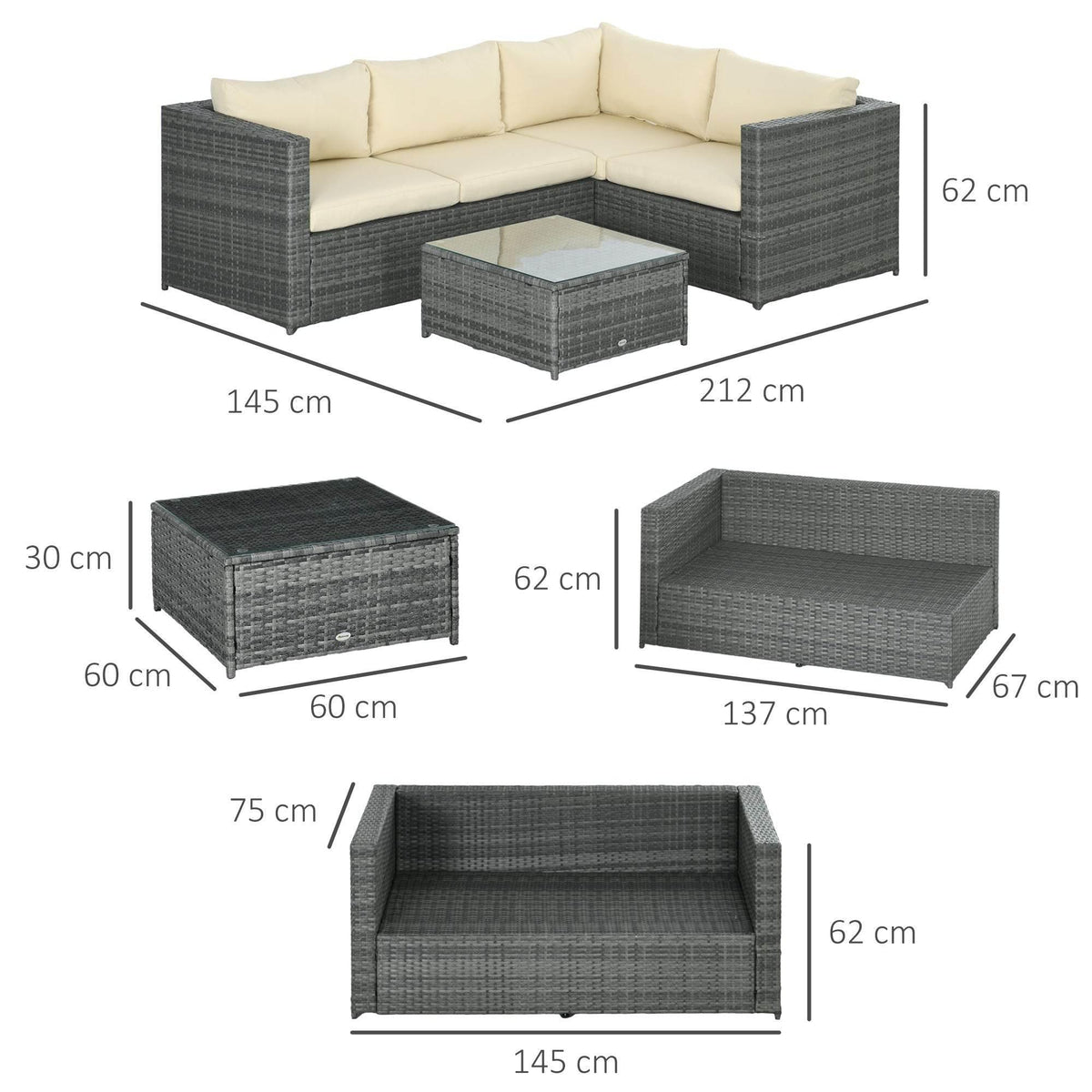 Modular dark gray rattan sofa set with beige cushions plus matching coffee table and ottoman
