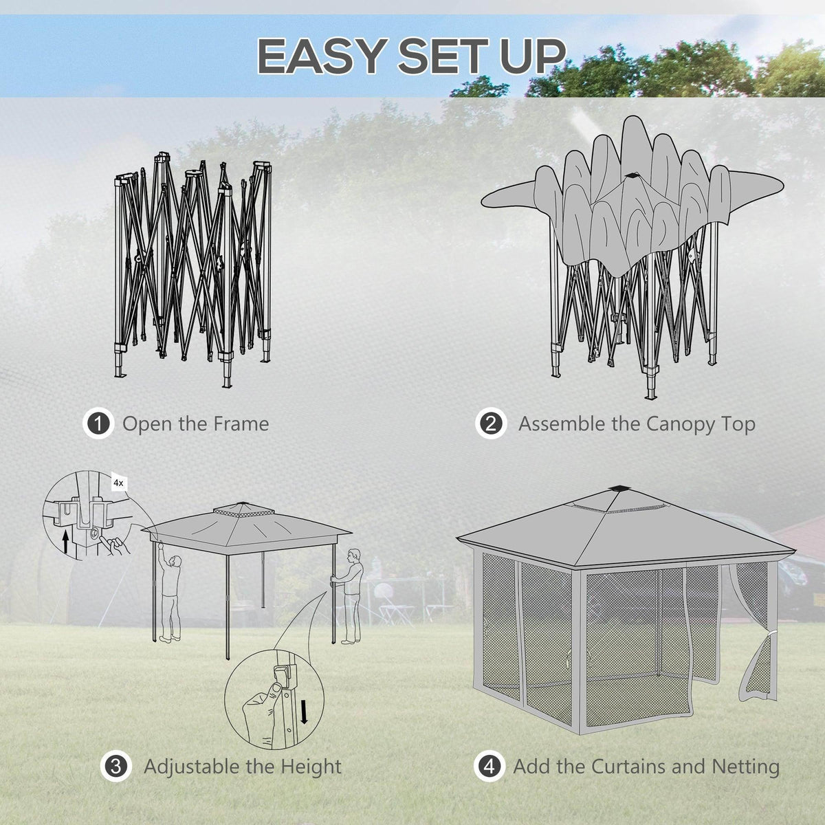 Khaki pop-up gazebo easy set-up frame with height adjustment steps and canopy top
