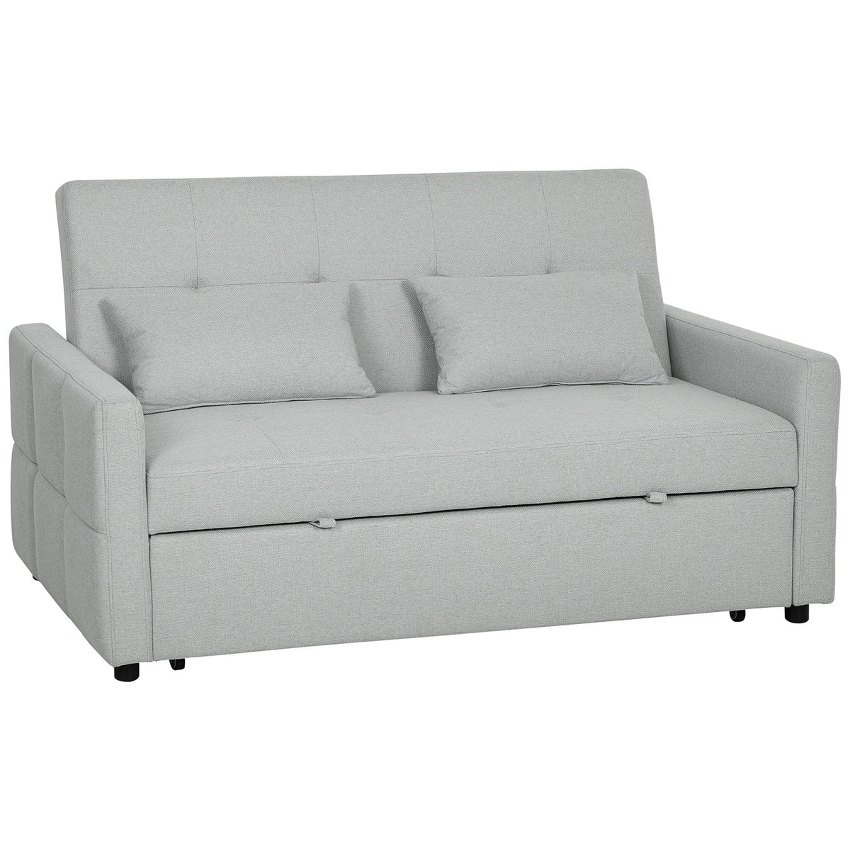 Light grey sofa bed with three back cushions, squared arms, and two-seat frame