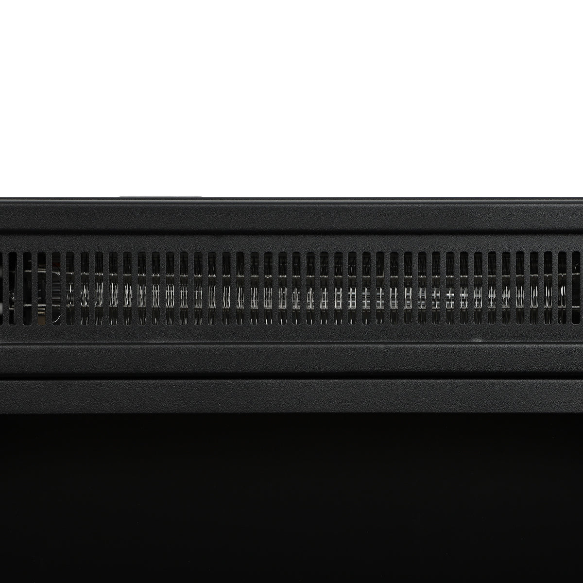 Electric fireplace wall heater with black top vent grille and control panel detail
