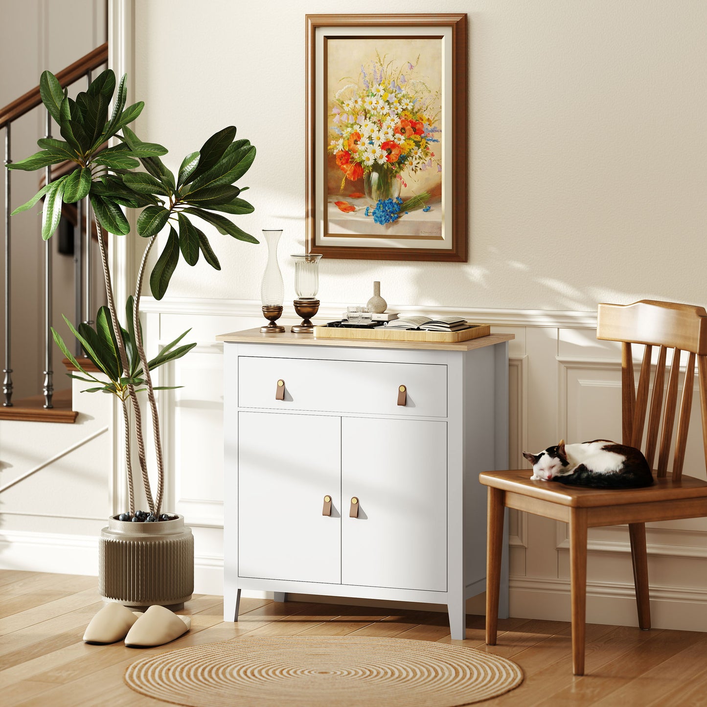 HOMCOM Farmhouse Style White Sideboard With Wood Effect Top And Faux Leather Handles For Kitchen Storage And Living Room