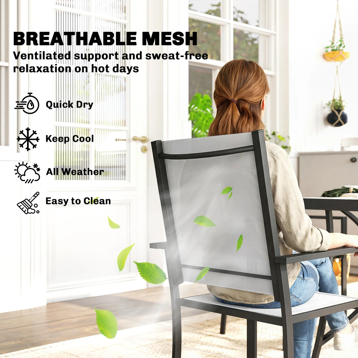 Light gray mesh dining chair back and seat frame with slatted support
