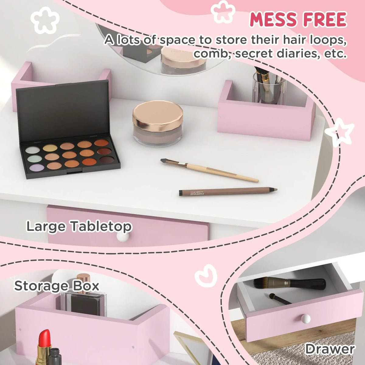 Kids vanity table with open storage and pink drawers; makeup accessories on tabletop