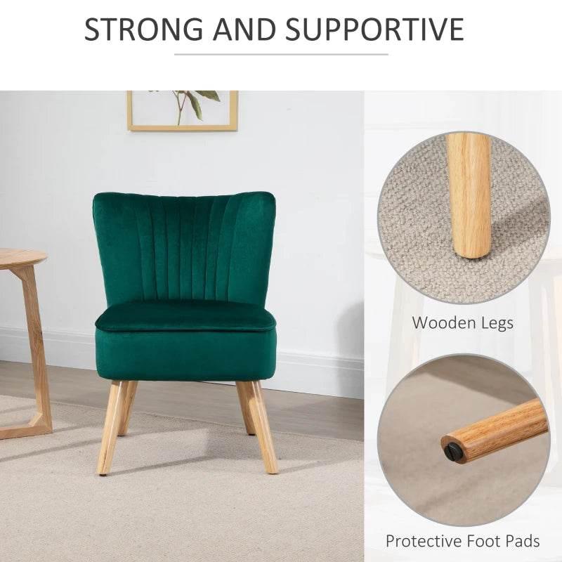 Green velvet accent chair with wooden legs and protective foot pads