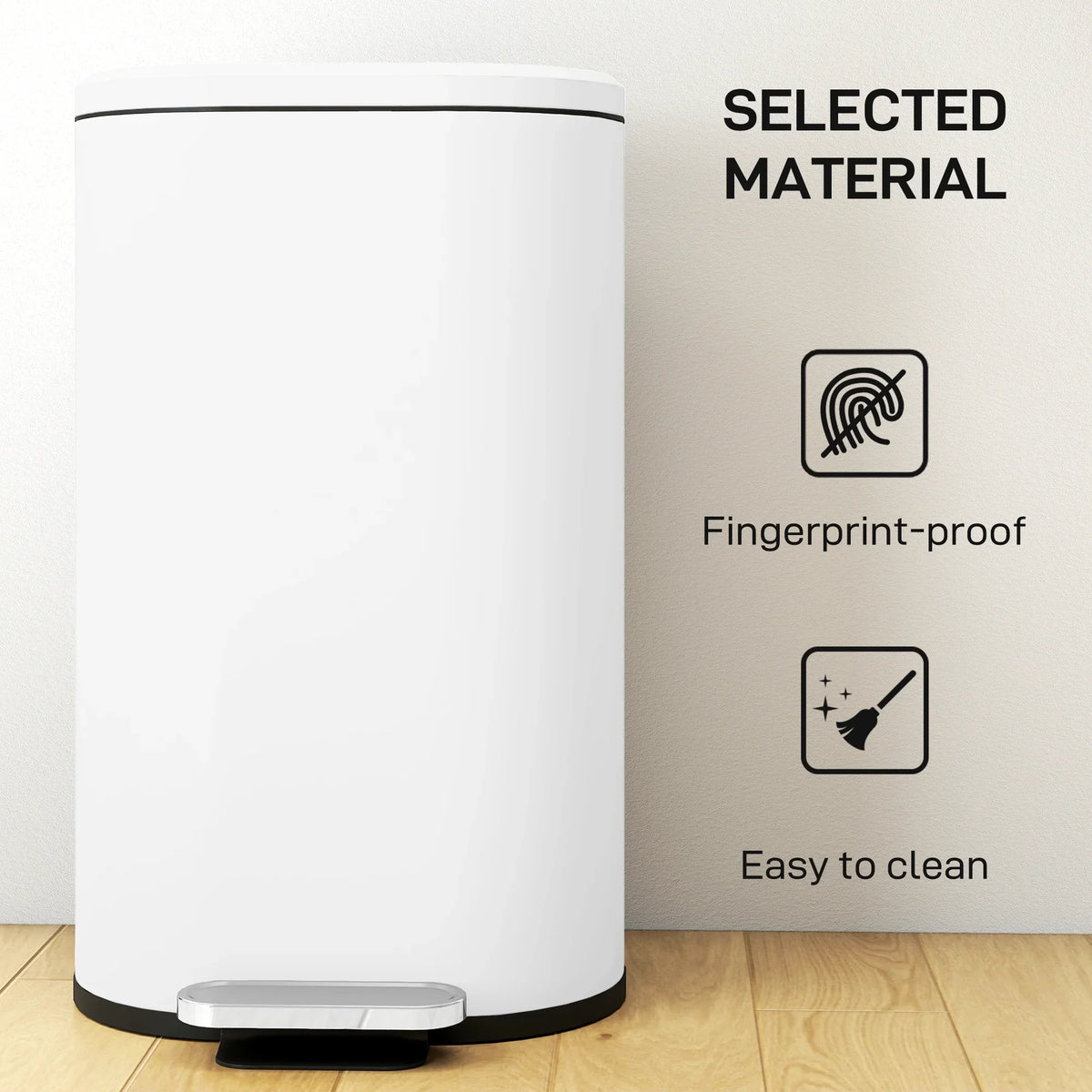 White kitchen pedal bin with fingerprint-resistant finish and black bottom trim