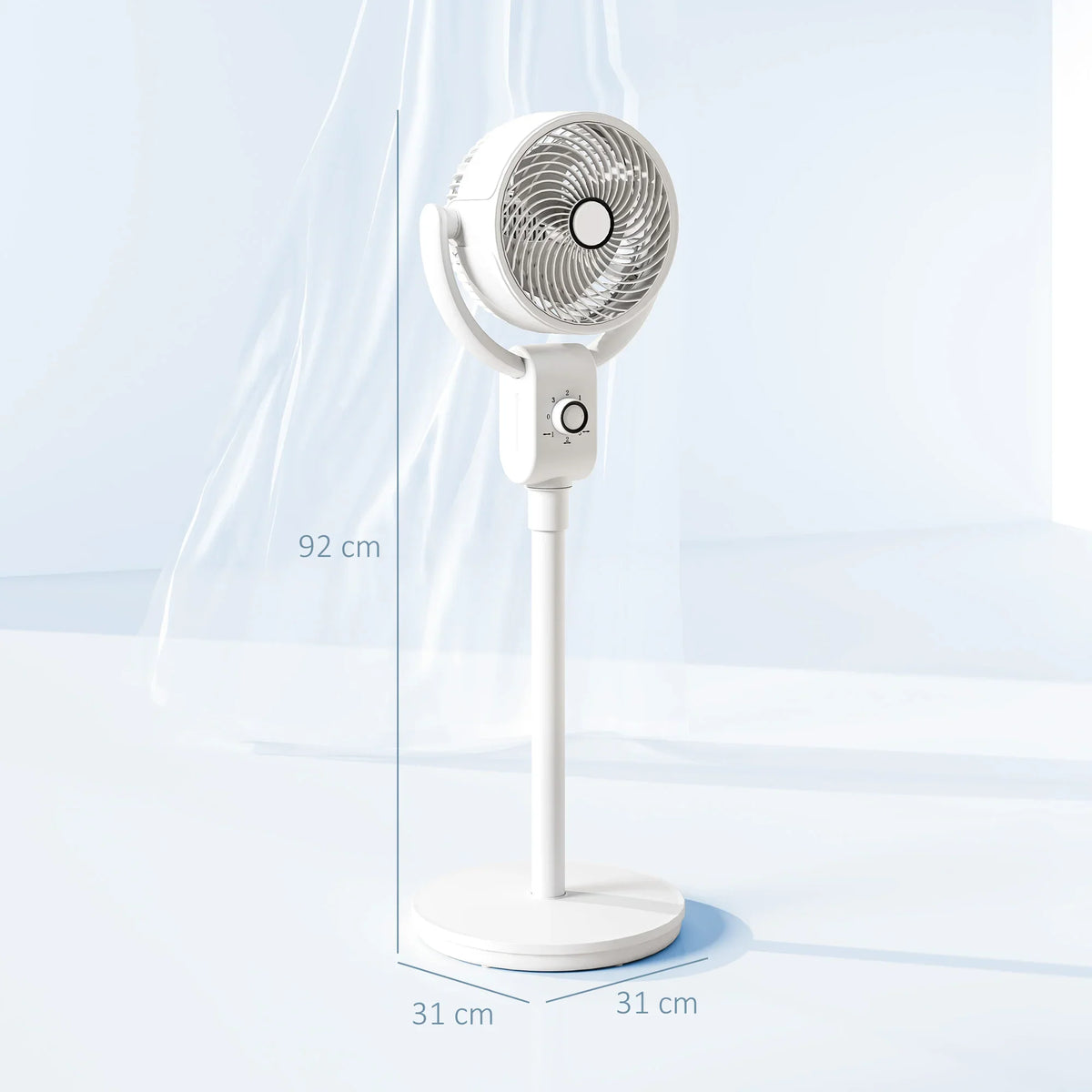 HOMCOM white standing pedestal fan with round grille and tall base