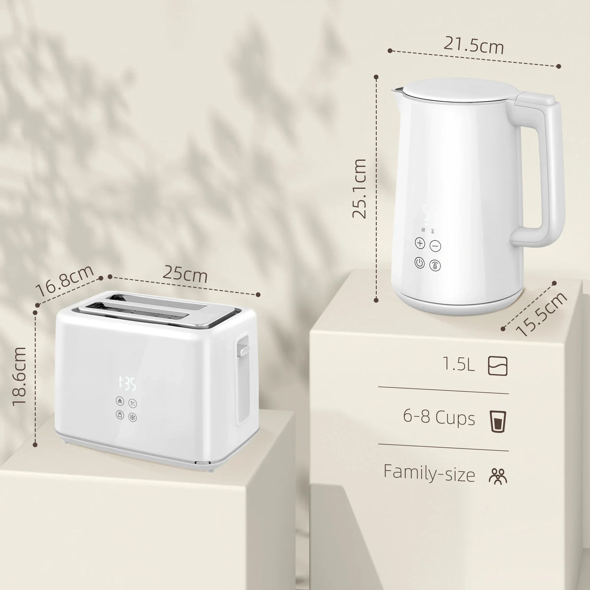 White electric kettle and white 2-slice toaster with front control panels