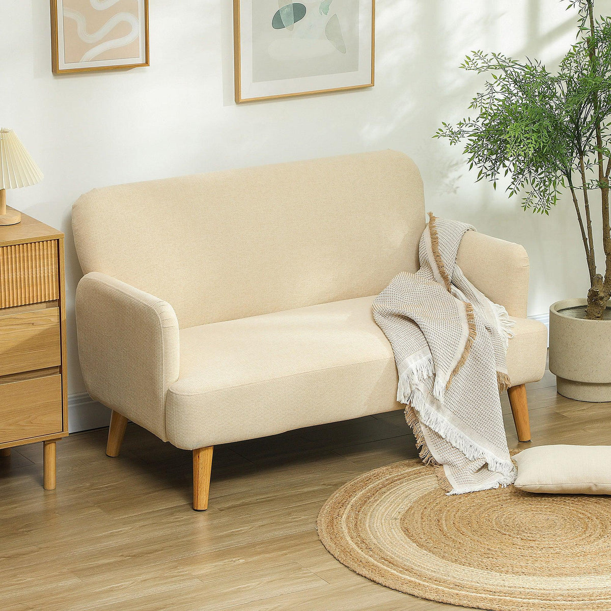 Cream 2-seat velvet-look sofa loveseat with rounded arms and wooden legs
