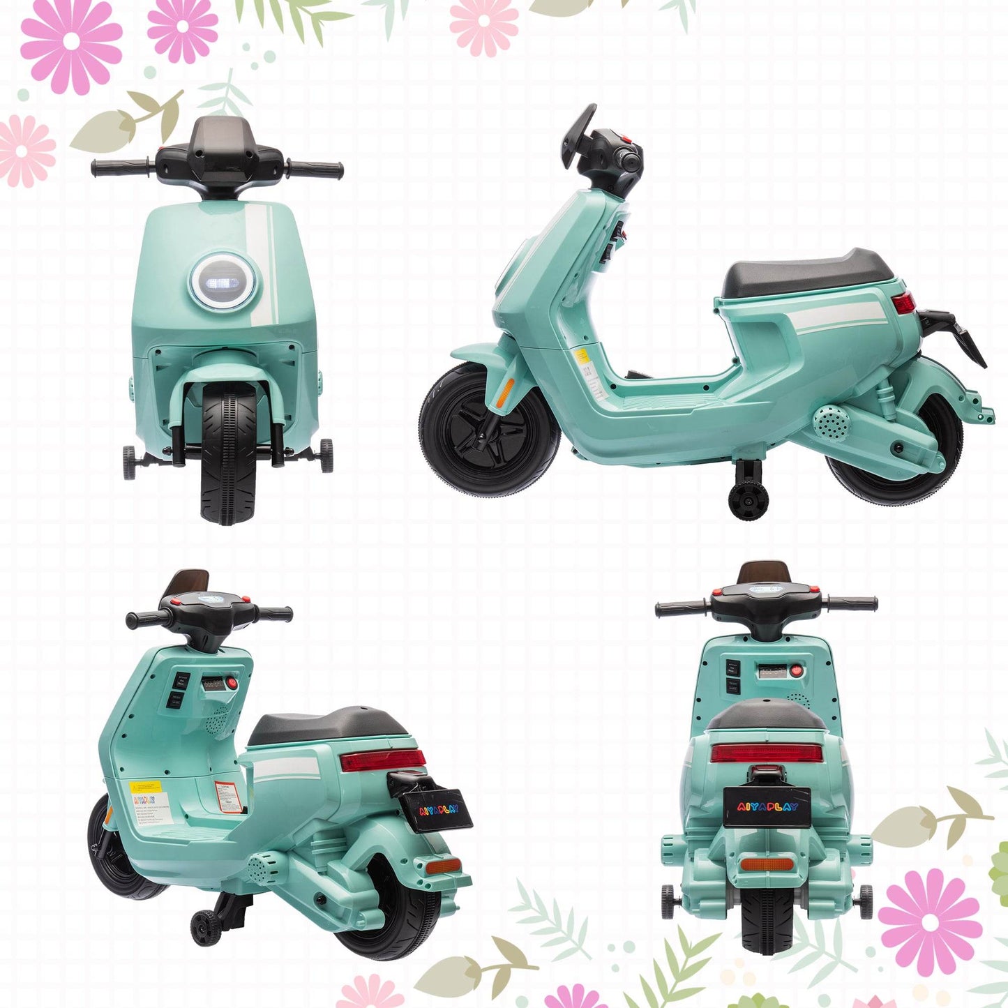 AIYAPLAY 6V Kids Electric Motorbike with Headlight & Music - Green, Training Wheels for Ages 18-36 Months - ALL4U RETAILER LTD