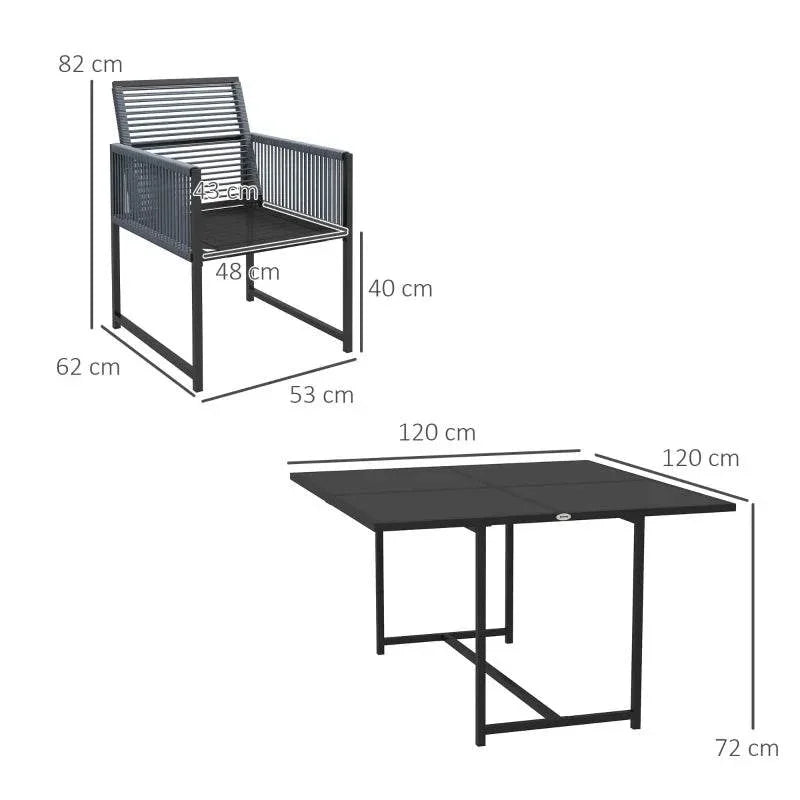 Folding-back metal dining chairs and outdoor dining table, shown with size diagram