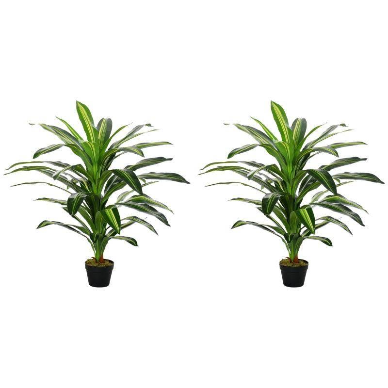 Pair of artificial dracaena trees with green leaves in black pots