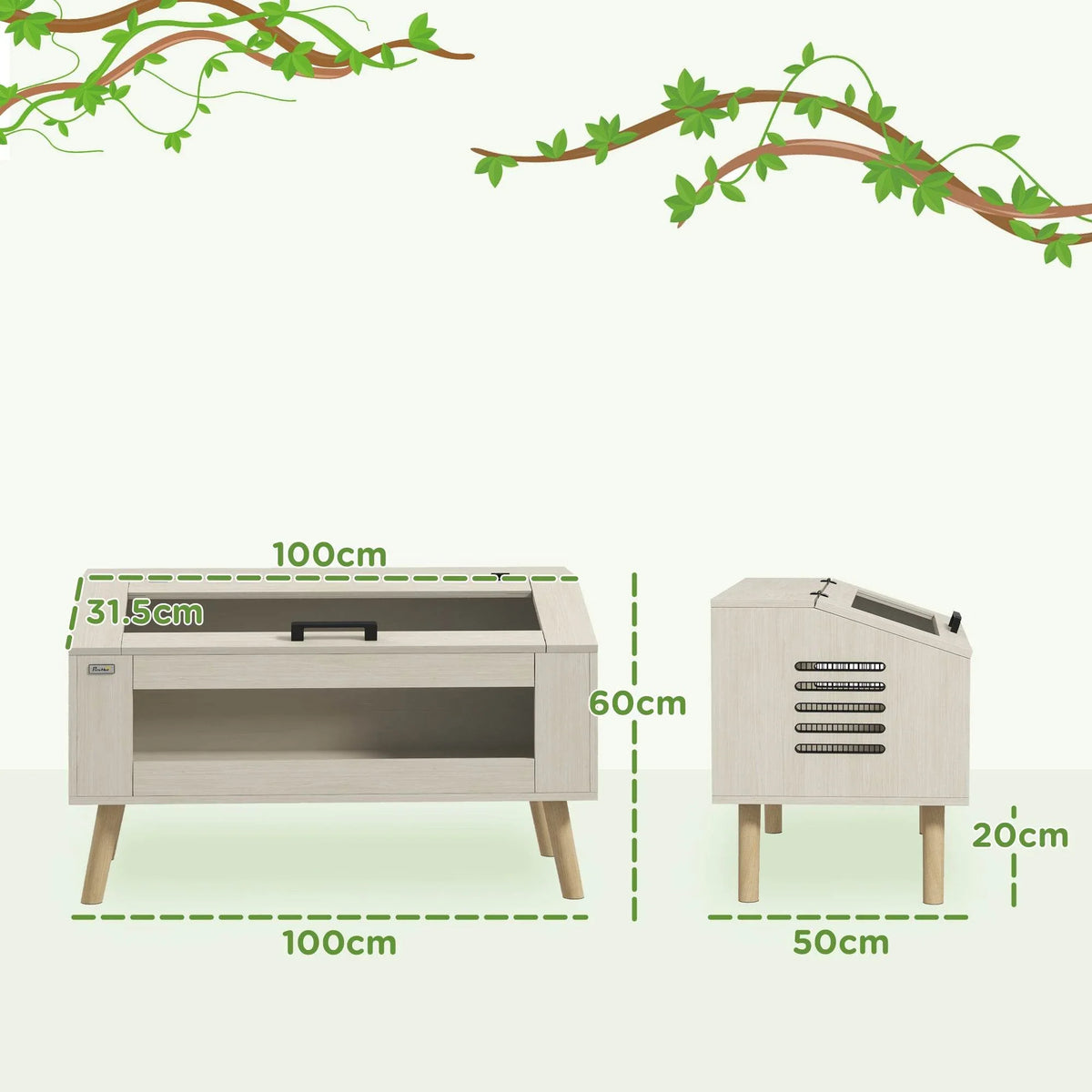 Reptile terrarium cabinet with front and side dimensions; open-top design