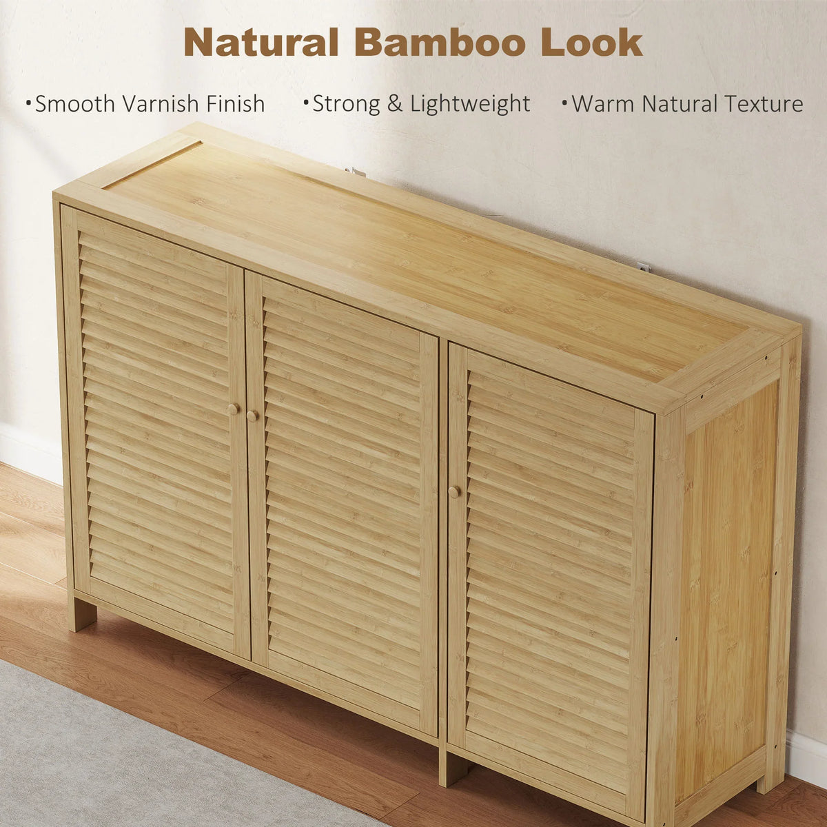 Natural bamboo shoe cabinet with louvered door panels and sturdy side frame