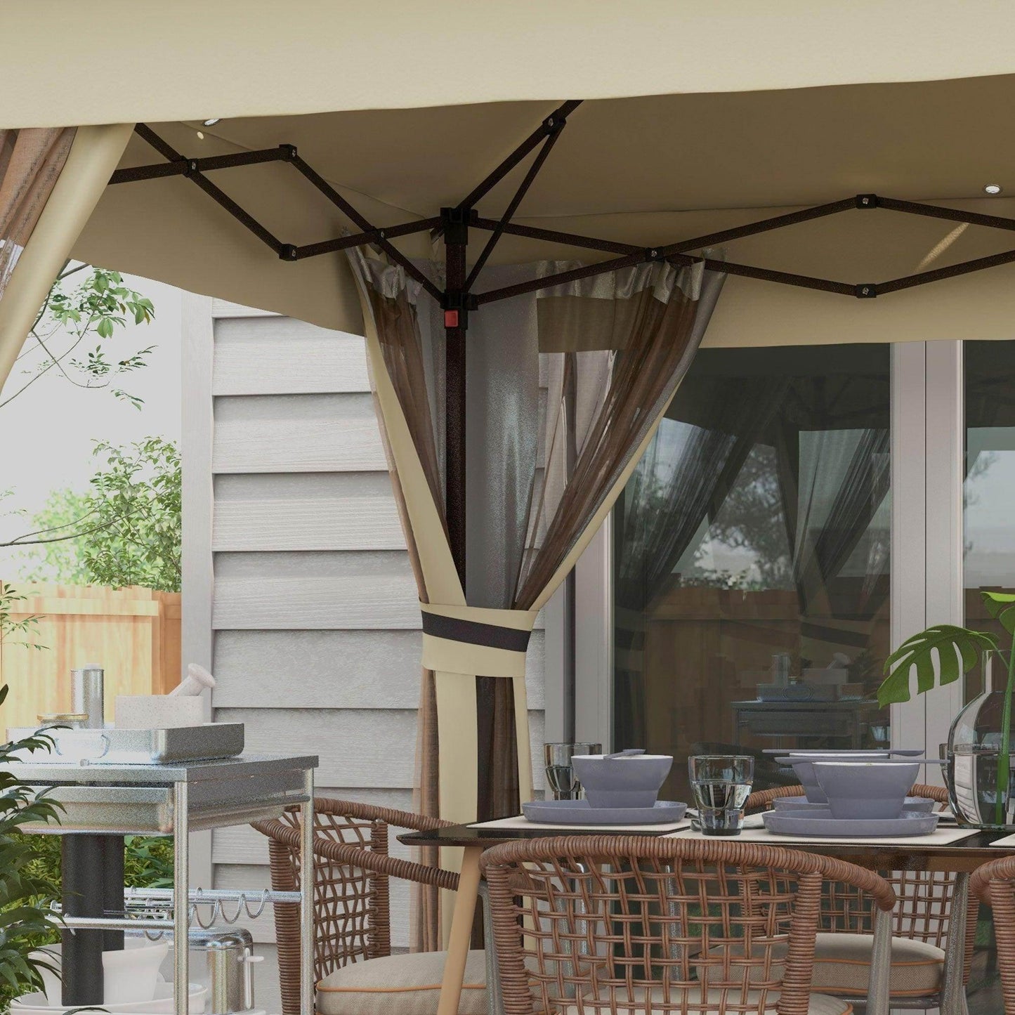 Outsunny 3 x 3(m) Pop Up Gazebo Party Tent with Solar-Powered LED Lights, Adjustable Event Shelter with Curtain, Netting, Khaki - ALL4U RETAILER LTD