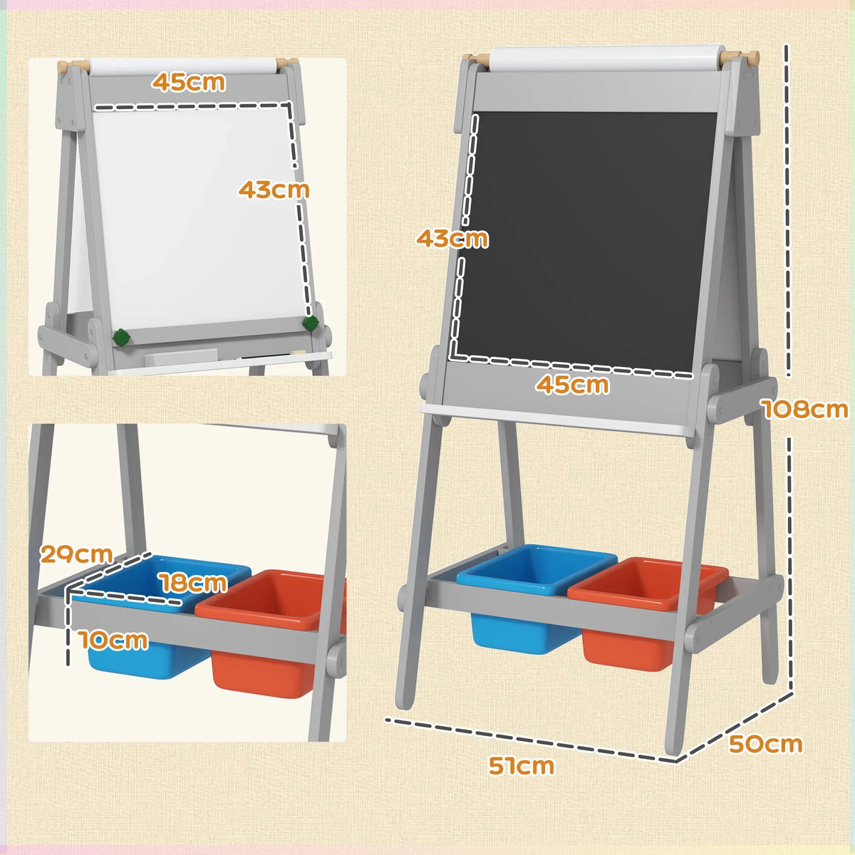 Adjustable kids easel with flip surfaces and 2 storage bins, labeled dimensions in diagram