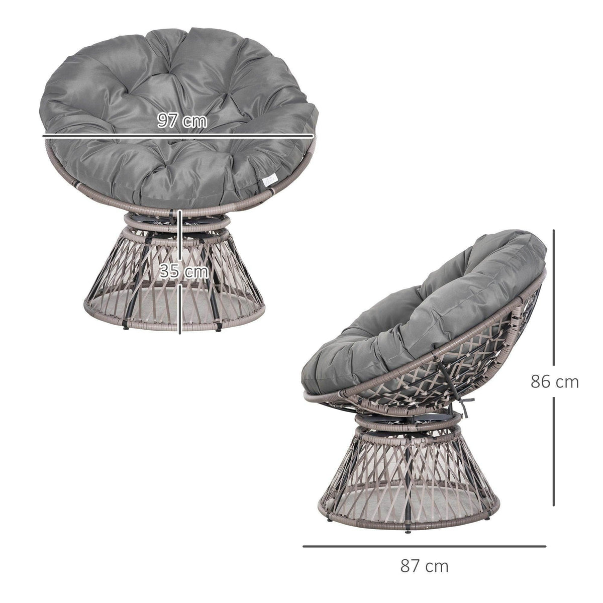 Gray padded papasan swivel chair with woven rattan base, shown from multiple angles