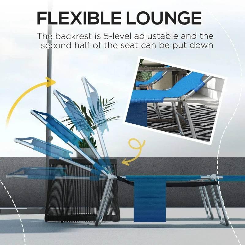 Blue sun loungers showing 5-level adjustable backrest and fold-down seat section