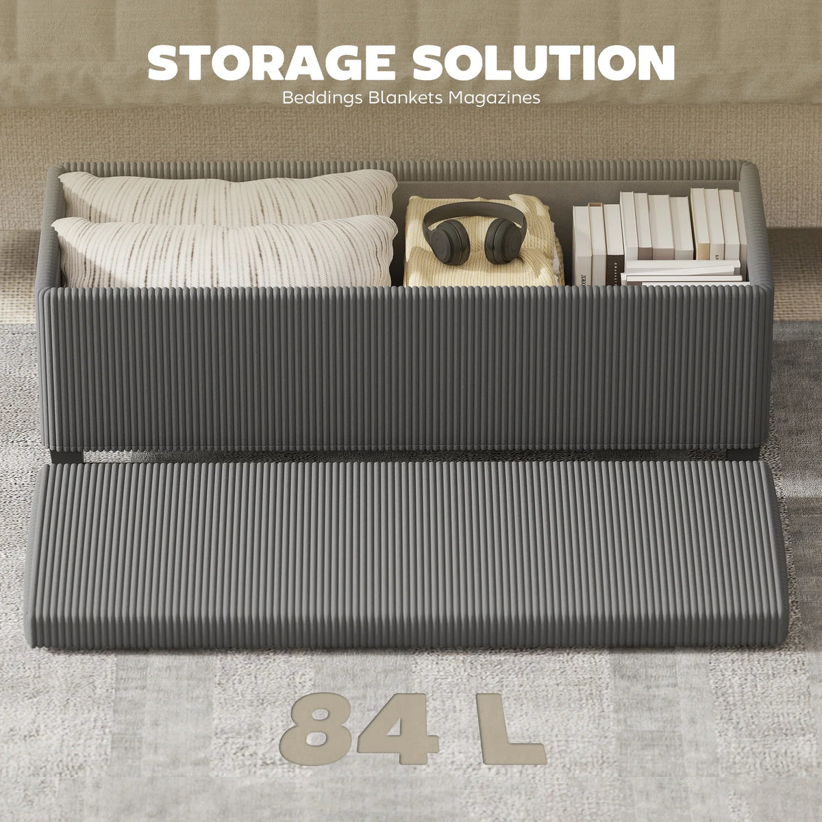 Grey corduroy storage ottoman with open lid showing spacious interior storage