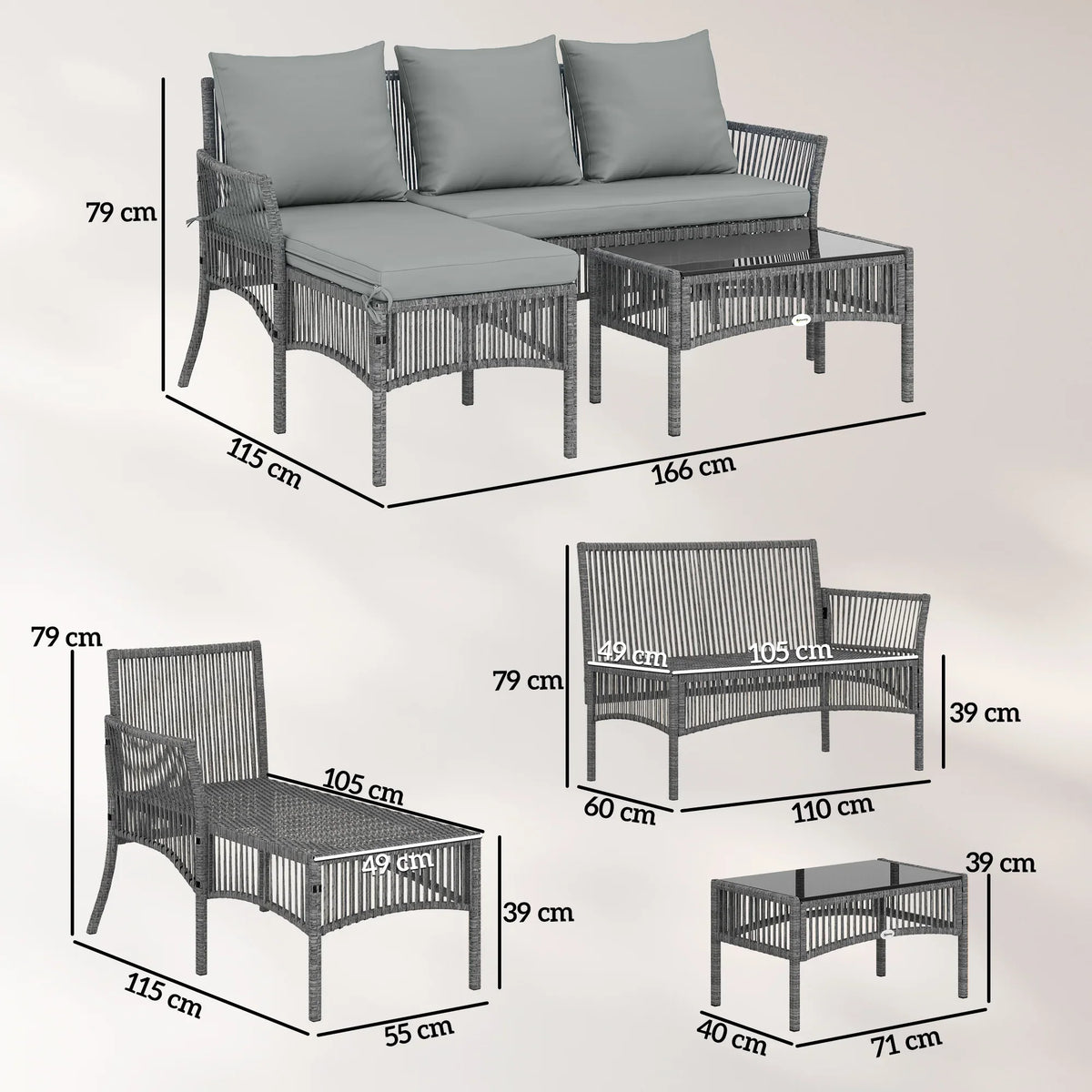 Dark grey rattan sofa set with chaise and glass coffee table, with size diagram