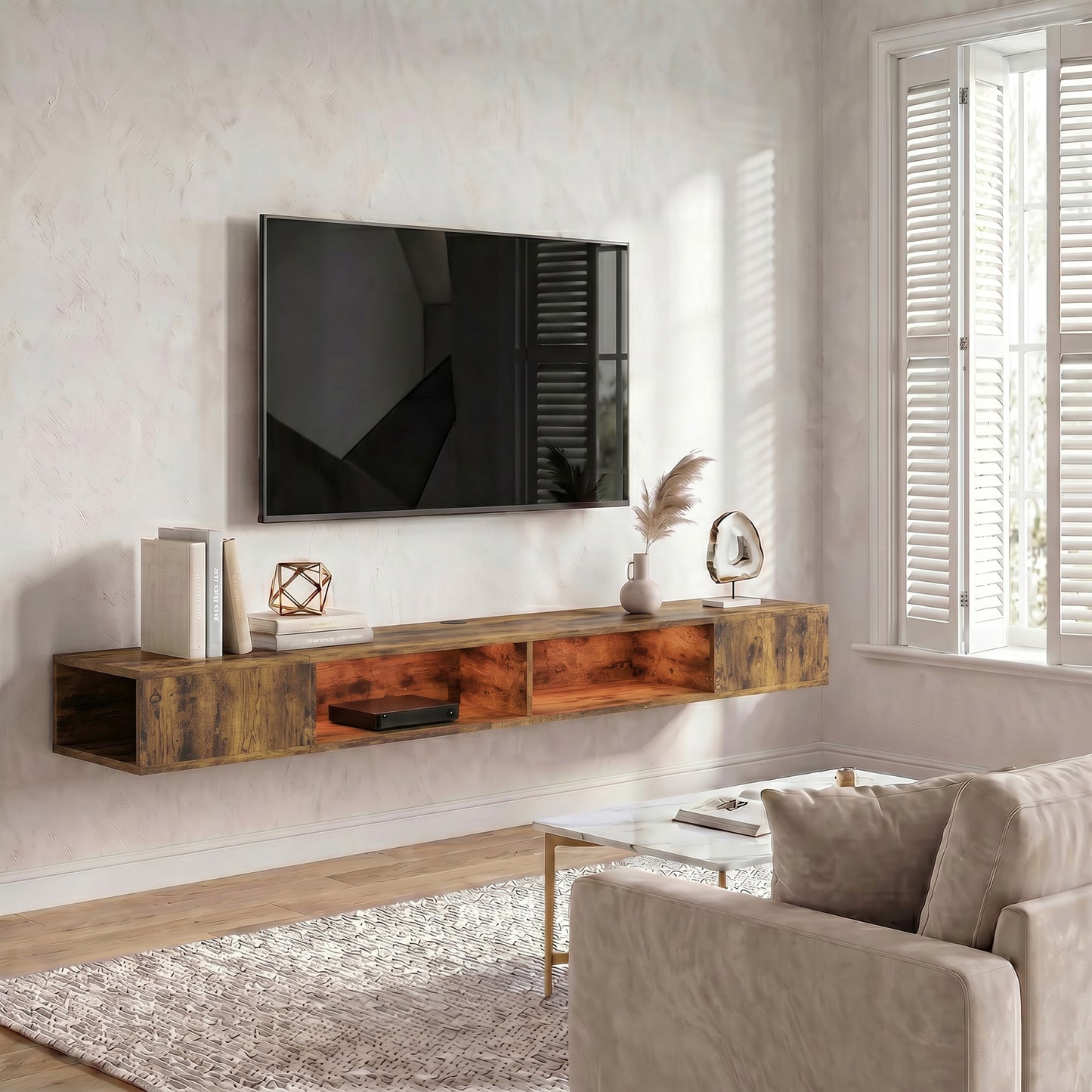 HOMCOM Wall Mounted TV Stand With RGB LED Lights For 75 Inch TV Rustic Brown Floating Entertainment Centre