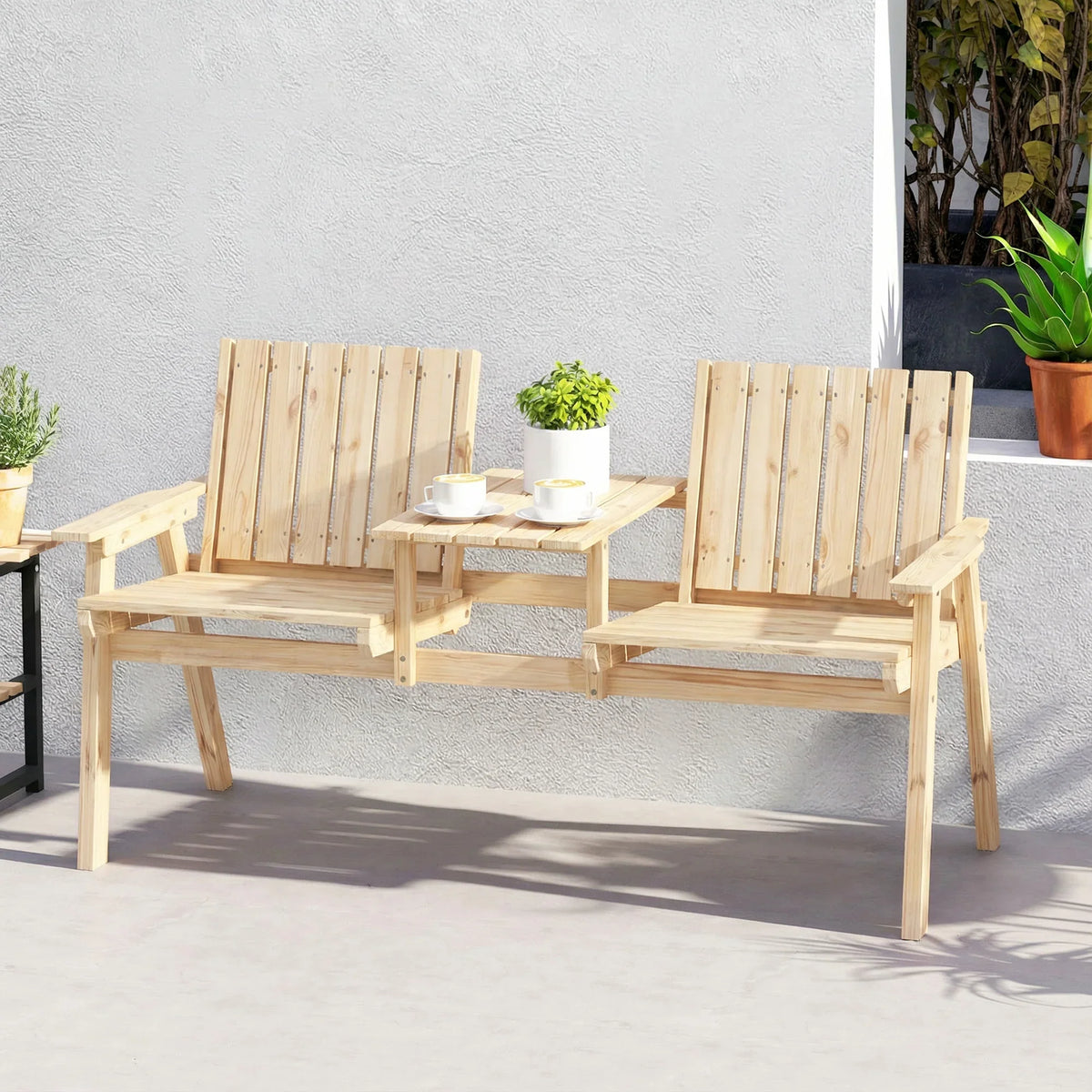 Two-seat outdoor loveseat with slatted backrests, armrests, and center drinks table