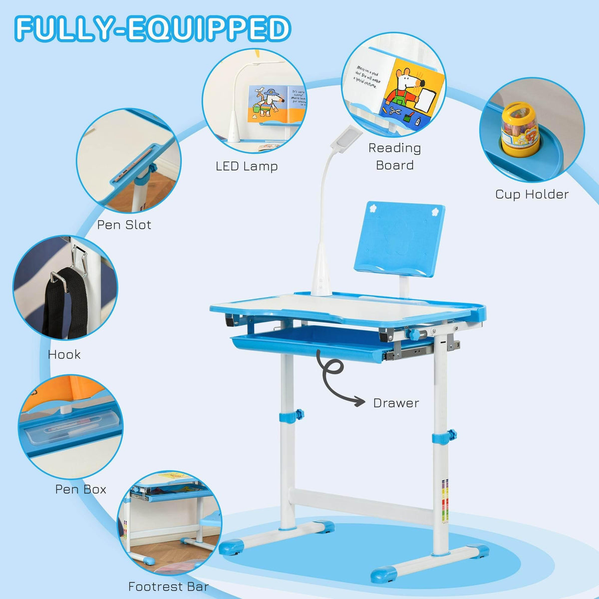 Blue kids study desk with accessories including LED lamp, cup holder, and drawer