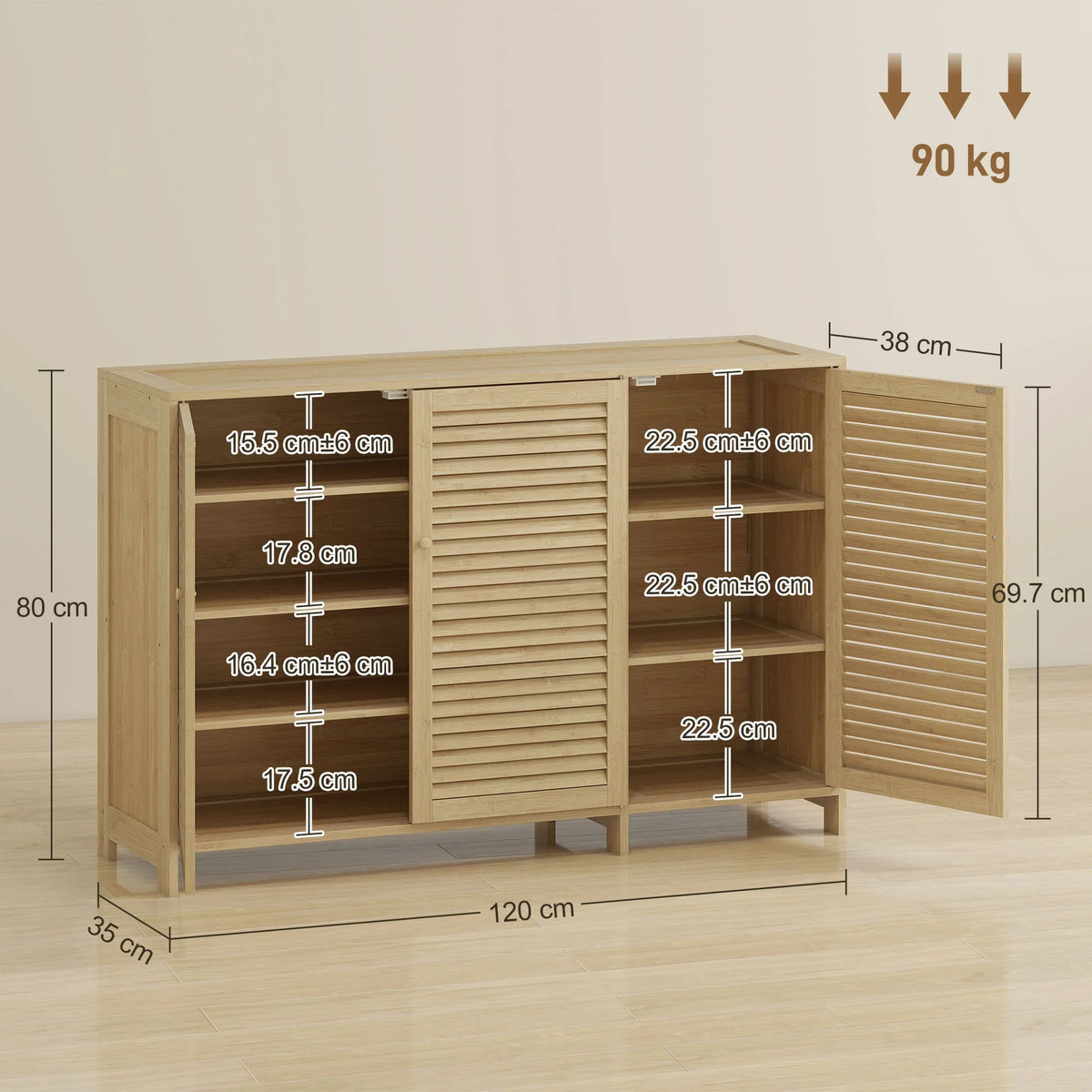 Shoe cabinet size diagram showing louvered doors and interior shelf compartments