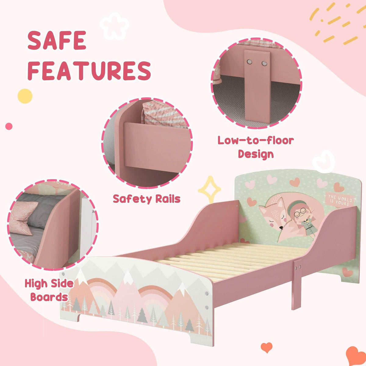 Pink toddler bed frame with low-to-floor design and patterned guard panels