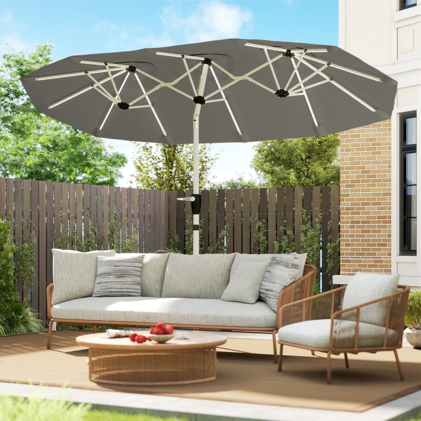 Outsunny 3m Double Sided Garden Parasol With LED Solar Lights Outdoor Extra Large Crank Handle Grey