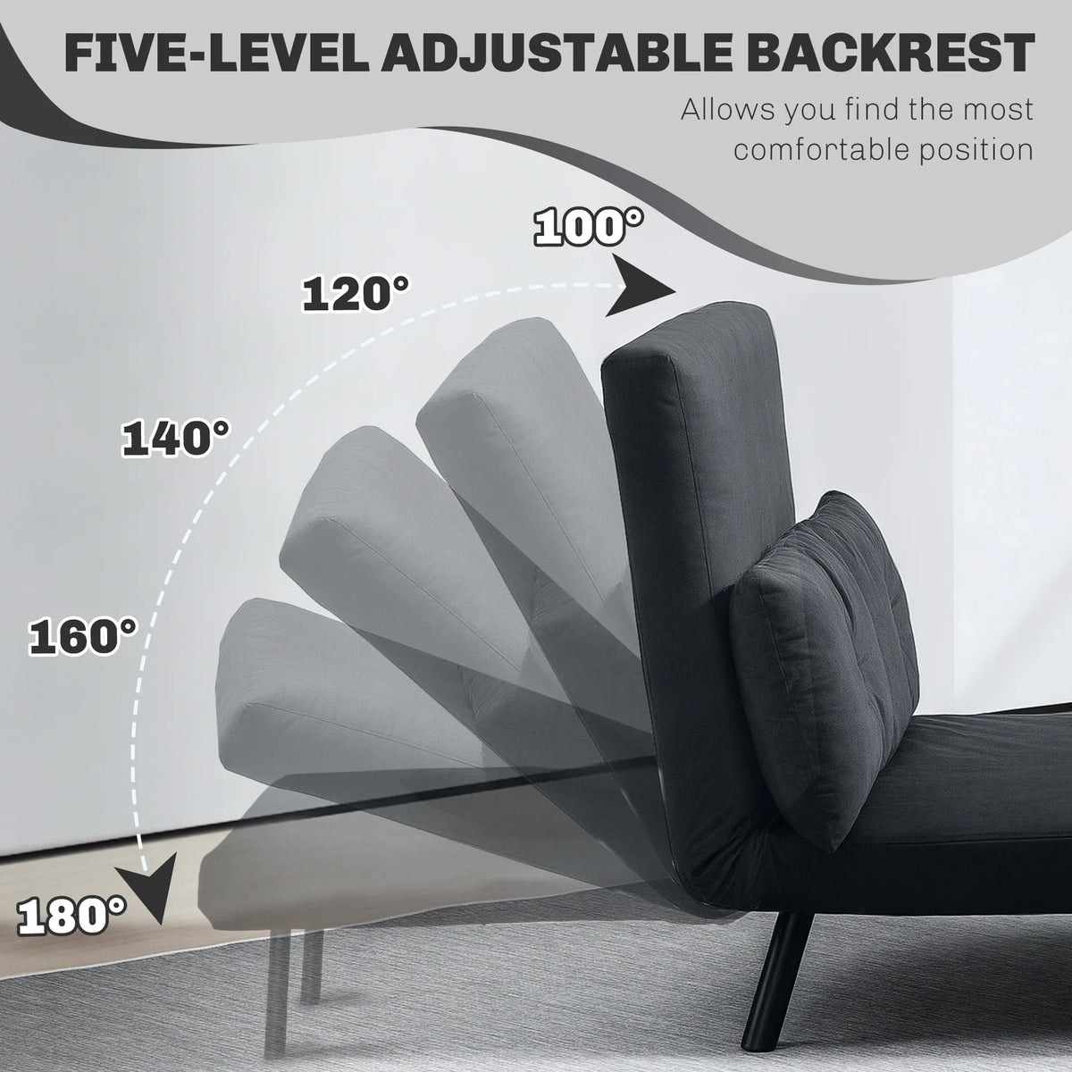 Black five-position adjustable backrest sofa bed with tufted cushions and side legs