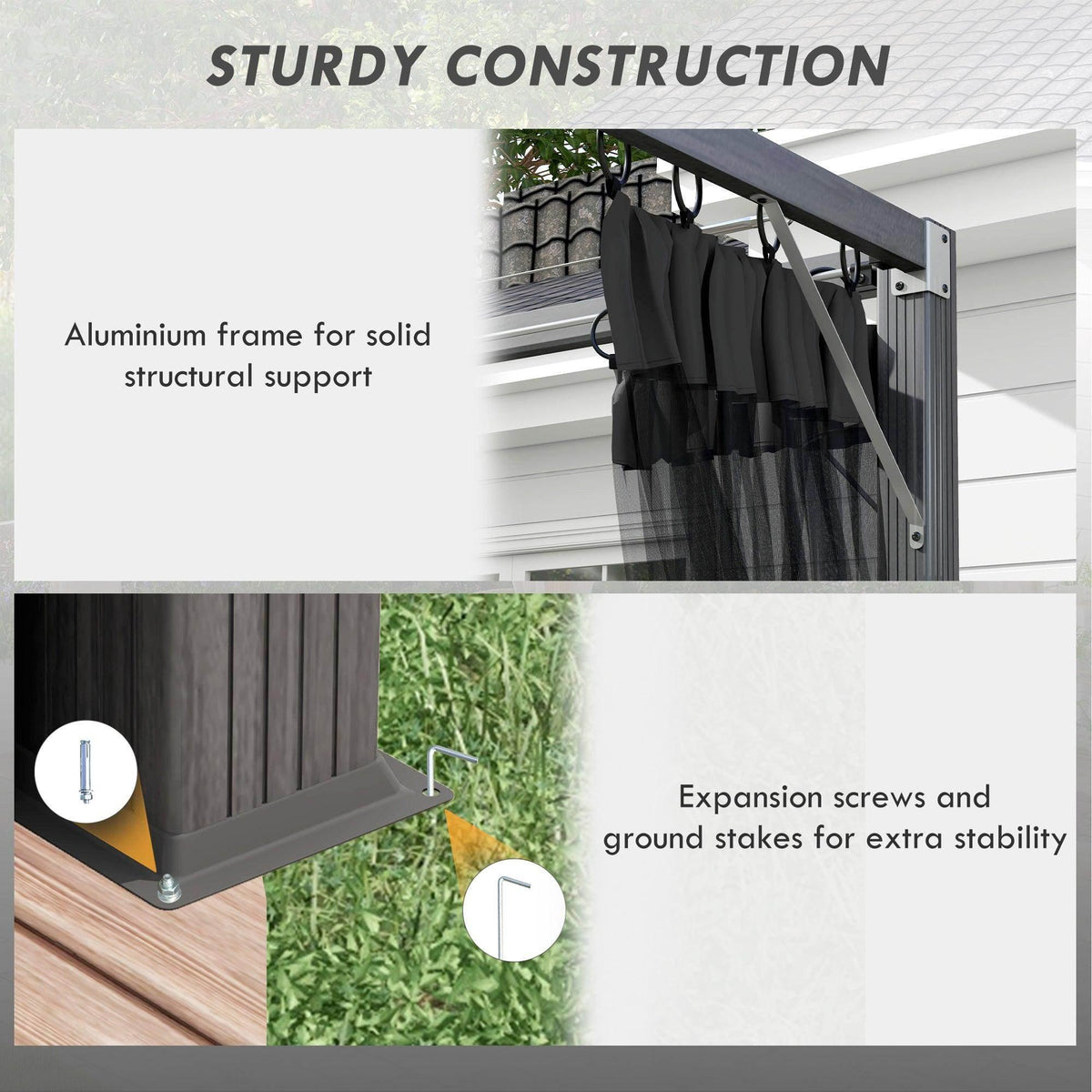Aluminum frame retractable pergola with dark grey canopy supports and ground stakes