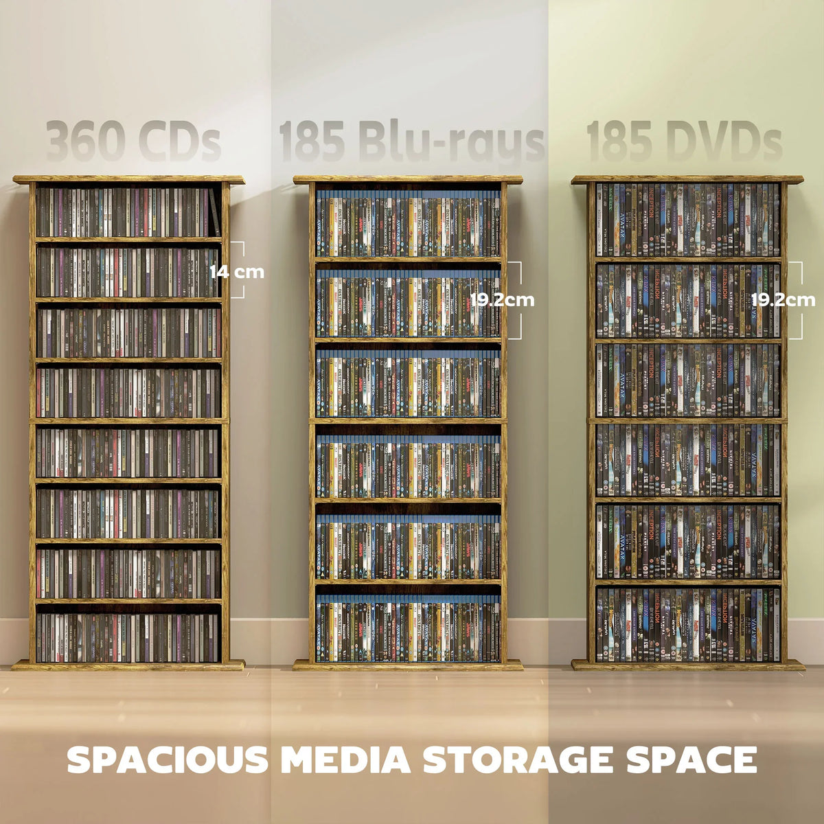 Rustic brown CD, Blu-ray, and DVD storage units with open shelf compartments
