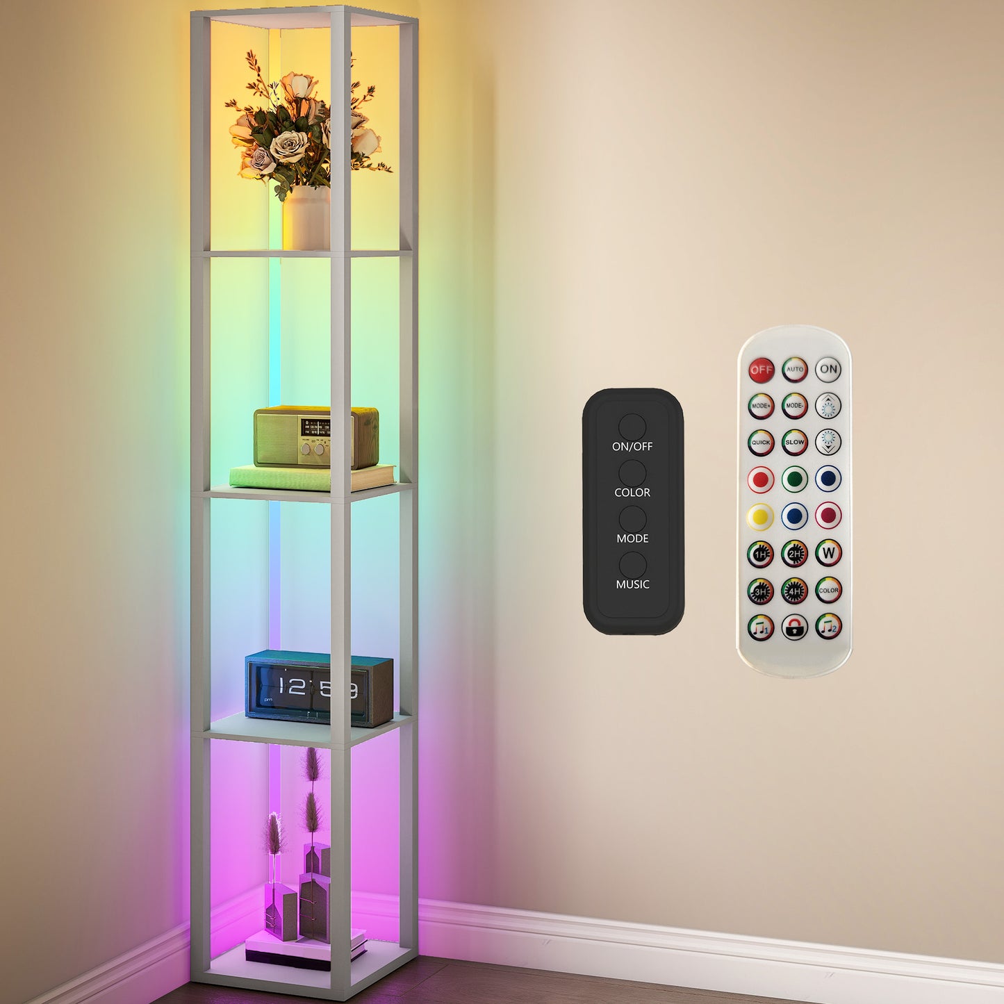 HOMCOM RGB LED Floor Lamp With Shelves, Modern Dimmable Standing Lamp With Remote, Adjustable Brightness And Speed
