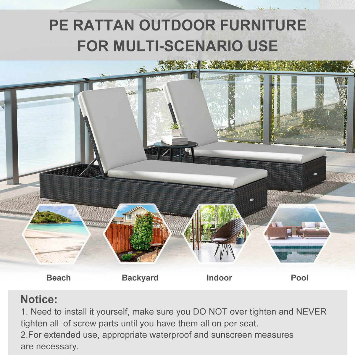 Two adjustable rattan loungers with cream seat pads and dark brown woven frames