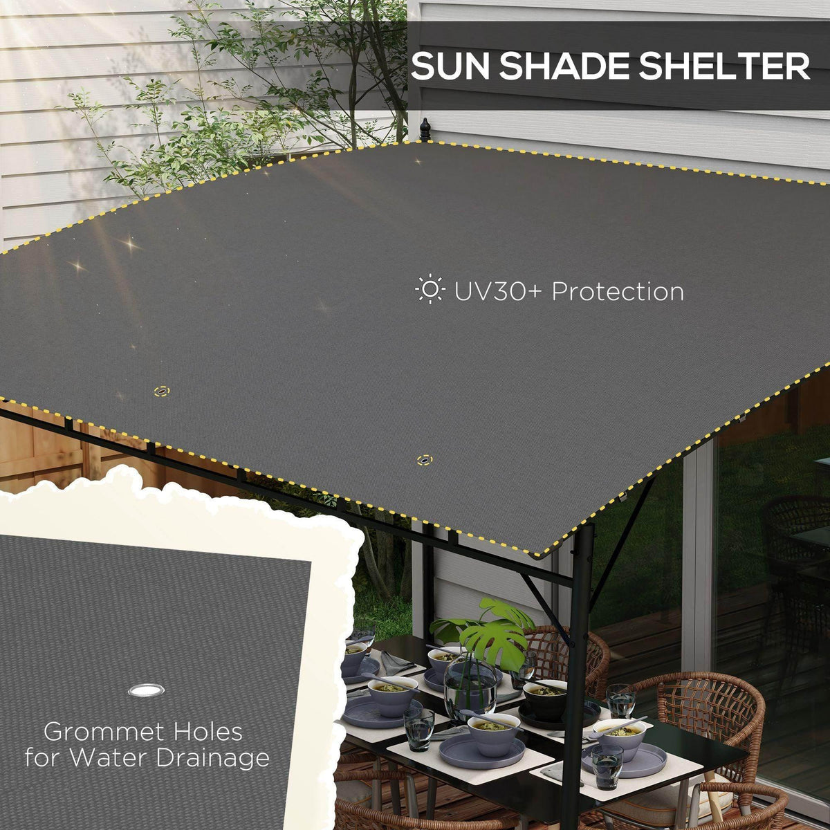 Outdoor pergola gazebo canopy with UV30+ protection fabric, black metal frame corners
