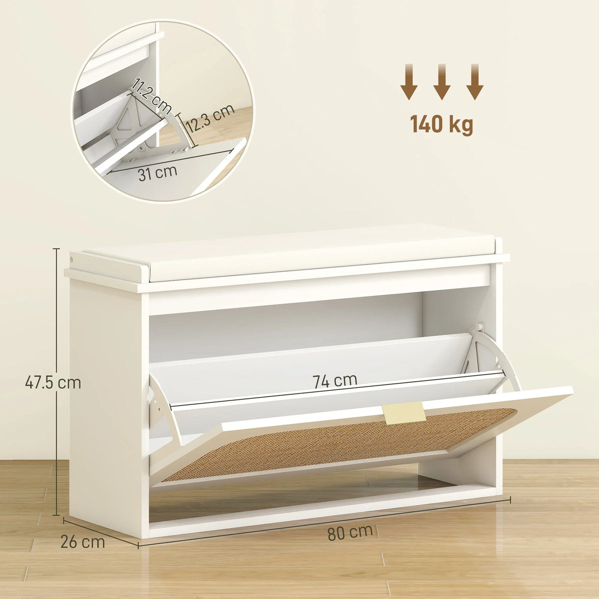 White shoe bench dimension view with flip drawer and weight rating graphic