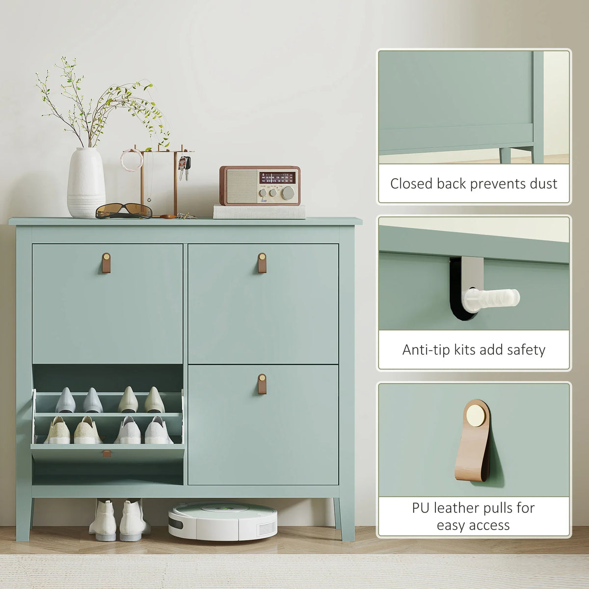Green shoe cabinet with closed back panel and anti-tip design, drawer and open shelves