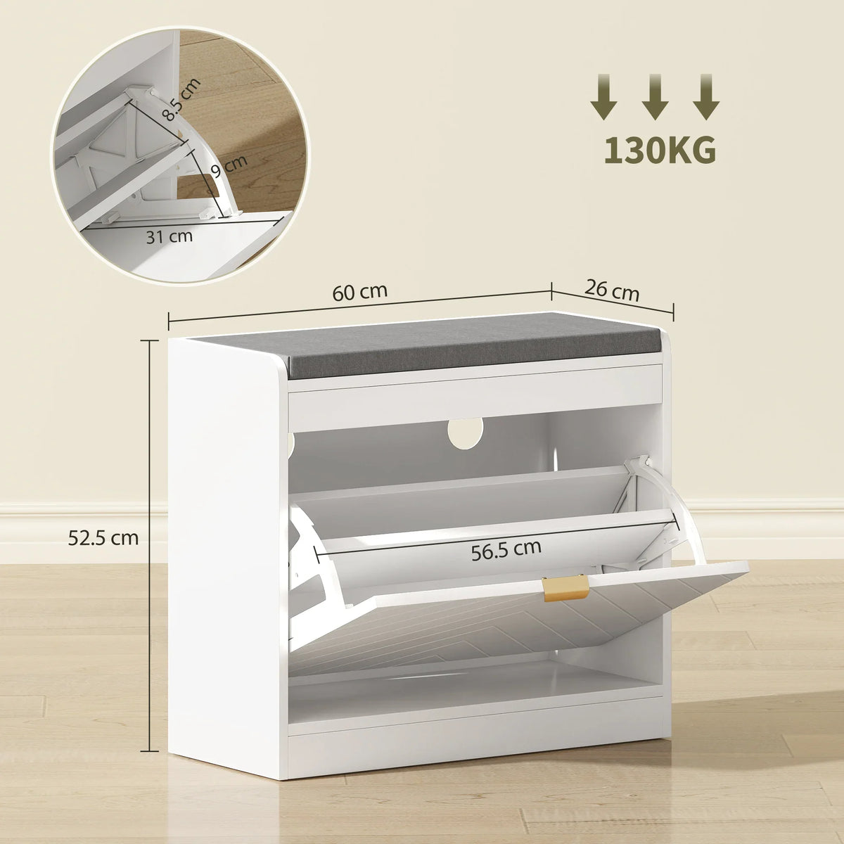 White entryway shoe bench with flip drawer, vented shelves, shown with size diagram