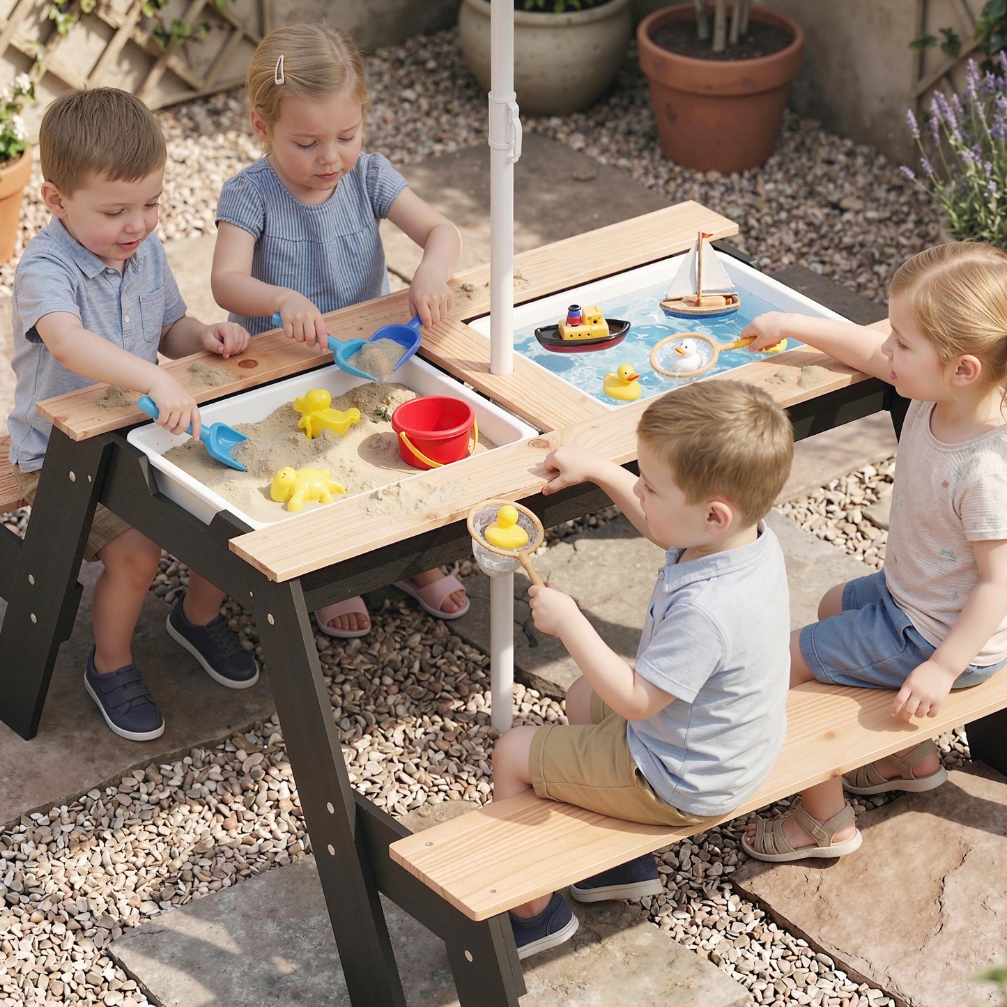AIYAPLAY 3 In 1 Wooden Sand And Water Table Parasol Kids Garden Furniture Hidden Storage Boxes For Patio Ages 3 To 6
