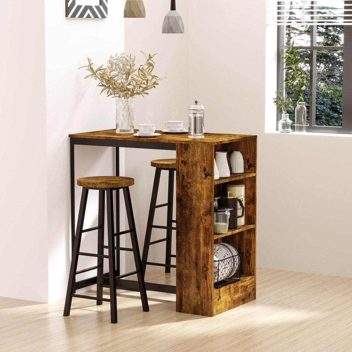 Industrial bar table with built-in side storage shelf and two matching bar stools