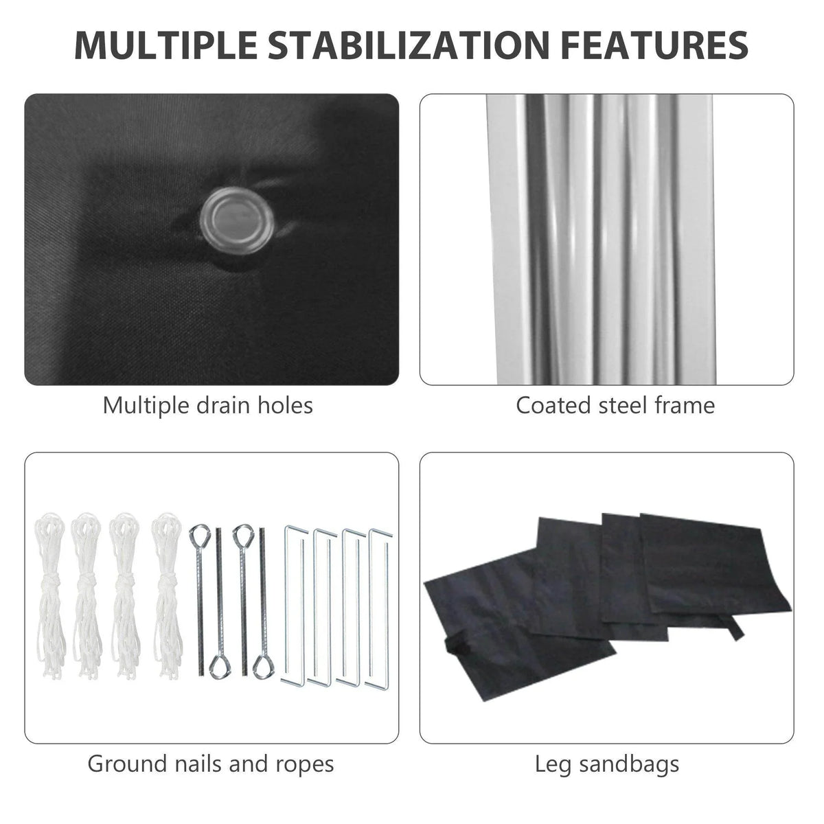 Black pop-up gazebo stabilization features: coated steel frame, ropes, and leg sandbags