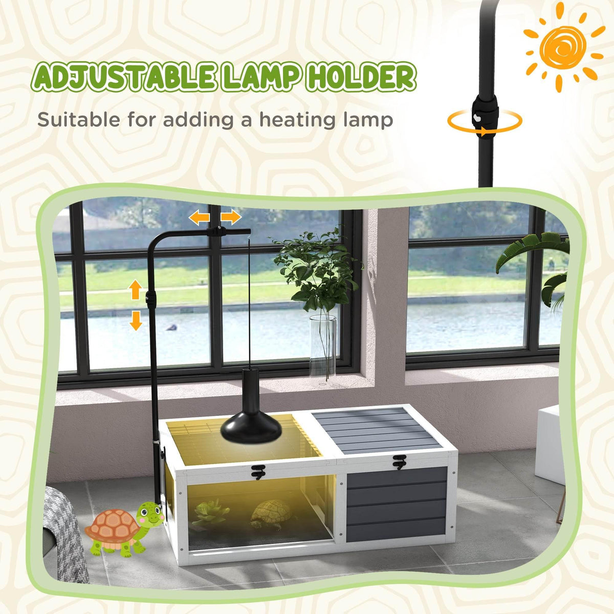 Reptile habitat with adjustable black lamp holder above the basking surface