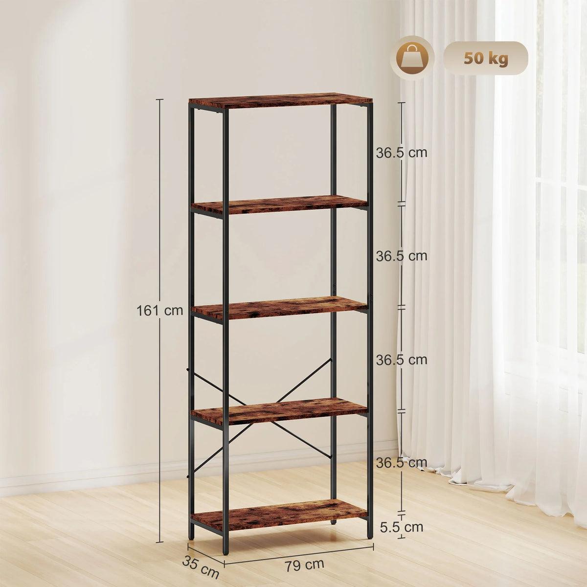 Freestanding five-tier bookshelf with black frame and rustic brown shelves, size view